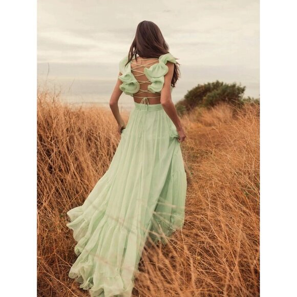 Mac Duggal Size 8 Green 67911 Ruffled Tiered Cut Out Chiffon Gown Dress Prom New - Picture 5 of 10